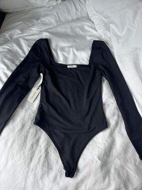 Babaton Black Square-Neck Long Sleeve Bodysuit